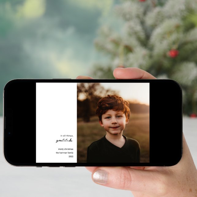 Modern Minimal | Gratitude Photo Christmas Black Holiday Card (Front Digital)