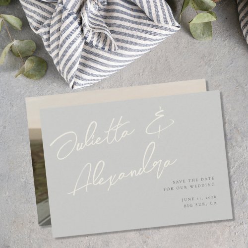 Modern Minimal Gray Big Names Script Photo Wedding Save The Date