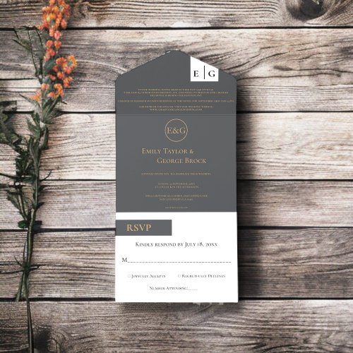 Modern Minimal Gray Gold Monogram Elegant Wedding All In One Invitation