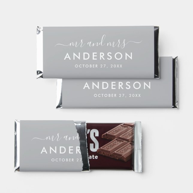 Modern Minimal Gray Personalized Mr and Mrs Hershey Bar Favors (Front)