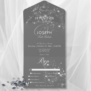 Modern Minimal Gray & White Glam Diamonds Dinner All In One Invitation