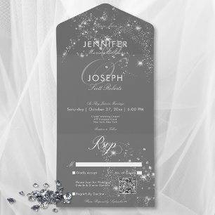 Modern Minimal Gray & White Glam Diamonds QR Code All In One Invitation