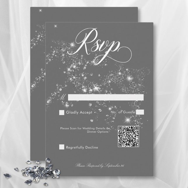 Modern Minimal Gray & White Glam Diamonds QR Code RSVP Card (Modern Minimal Gray & White Glam Diamonds QR Code RSVP Card)