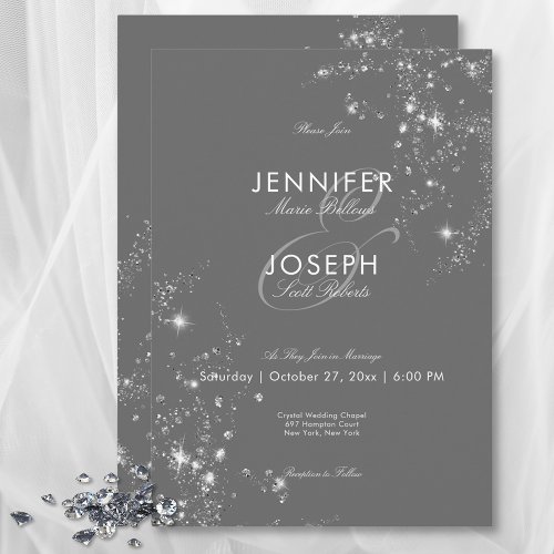 Modern Minimal Gray  White Glam Diamonds Wedding Invitation