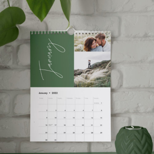 Modern minimal green 2 photo family elegant calendar