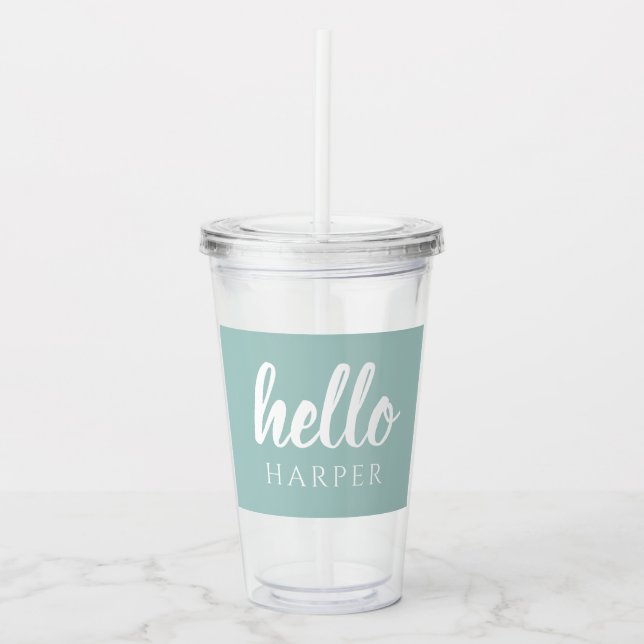 Modern Minimal Green And White Hello And You Name Acrylic Tumbler (Front)