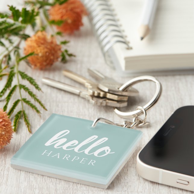 Modern Minimal Green And White Hello And You Name Keychain (Front Right)