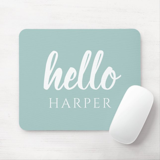 Modern Minimal Green And White Hello And You Name Mouse Pad (With Mouse)