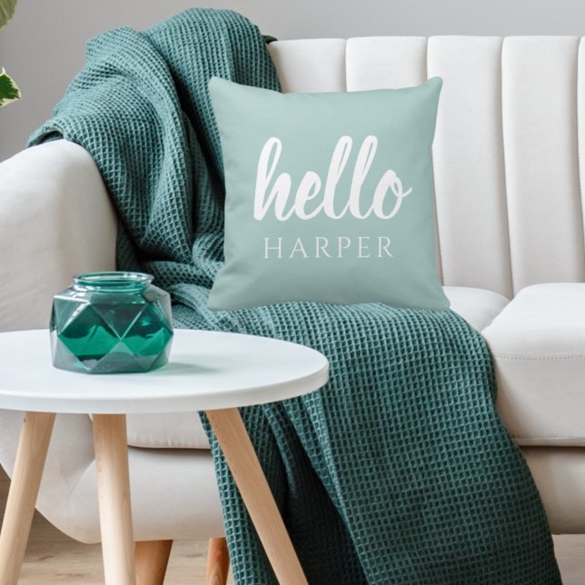 Modern Minimal Green And White Hello And You Name Throw Pillow (Creator Uploaded)