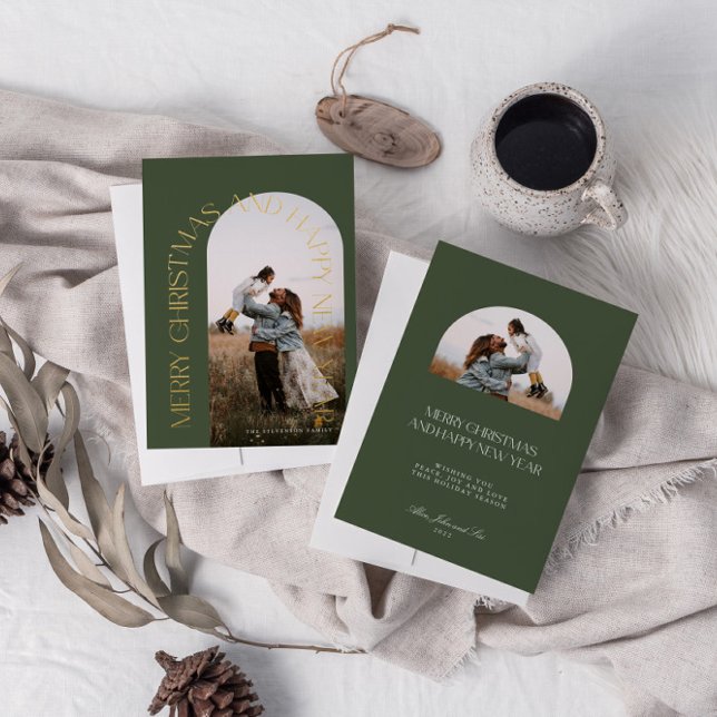 Modern Minimal Green Arch 2 Photo Merry Christmas  Foil Holiday Card (Creator Uploaded)