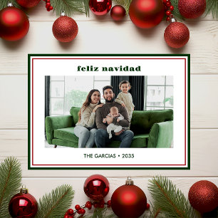 Modern Minimal Green Border Photo Feliz Navidad Holiday Card