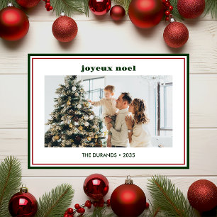 Modern Minimal Green Border Photo Joyeux Noel Holiday Card