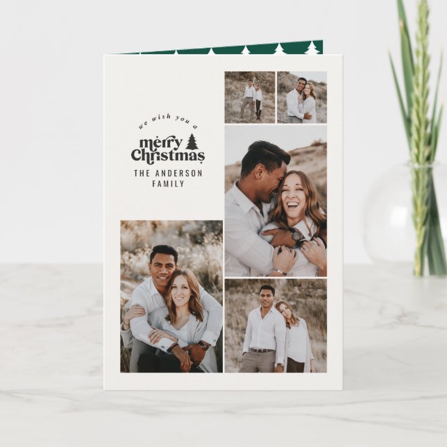 Modern minimal green Christmas multi photo Thank You Card (Front)