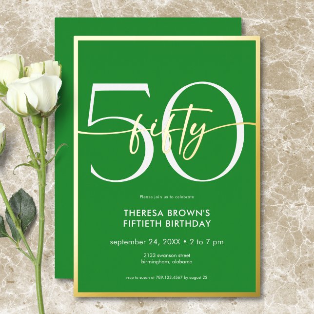 Modern Minimal Green Fifty Script Birthday Foil Invitation (Modern Minimal Green Fifty Script Birthday Foil Invitation)