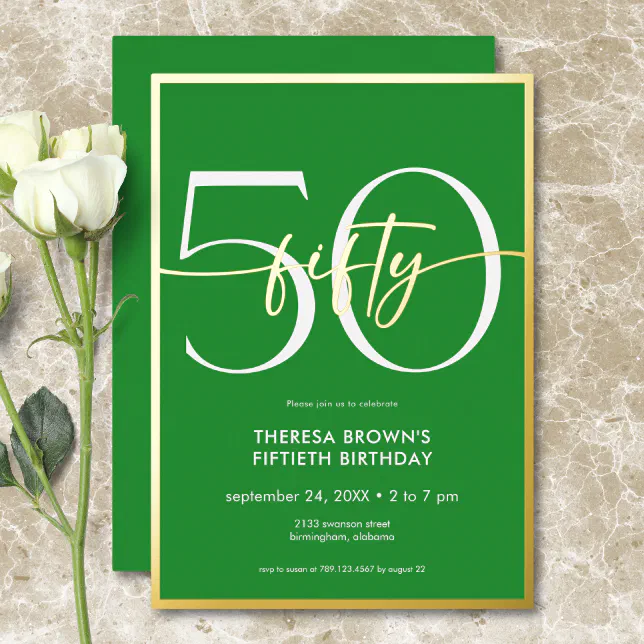 Modern Minimal Green Fifty Script Birthday Foil Invitation | Zazzle
