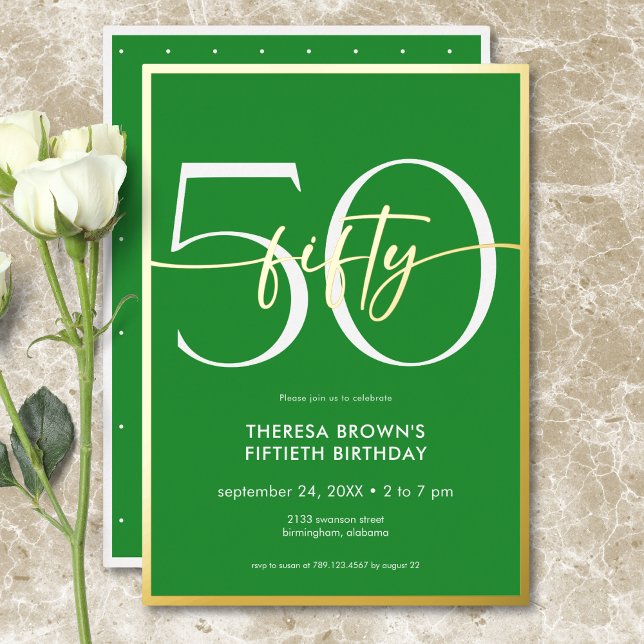 Modern Minimal Green Fifty Script Birthday Foil Invitation (Modern Minimal Green Fifty Script Birthday Foil Invitation)