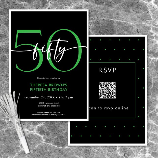 Modern Minimal Green Fifty Script Birthday QR Invitation (Modern Minimal Green Fifty Script Birthday QR Invitation)