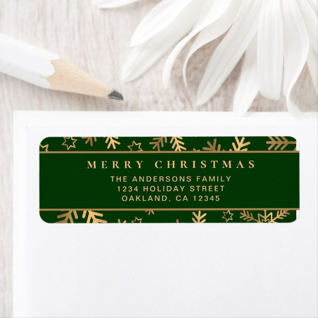 Modern Minimal Green Gold Christmas Snowflakes Label (Insitu)