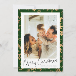 Modern Minimal Green Gold Photo Christmas Holiday Card