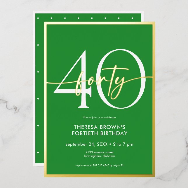 Modern Minimal Green Gold Script Birthday Foil Invitation (Front/Back)