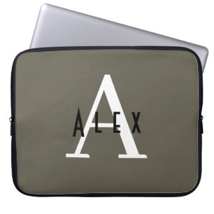 Modern Minimal Green Initial + Name Monogram Laptop Sleeve