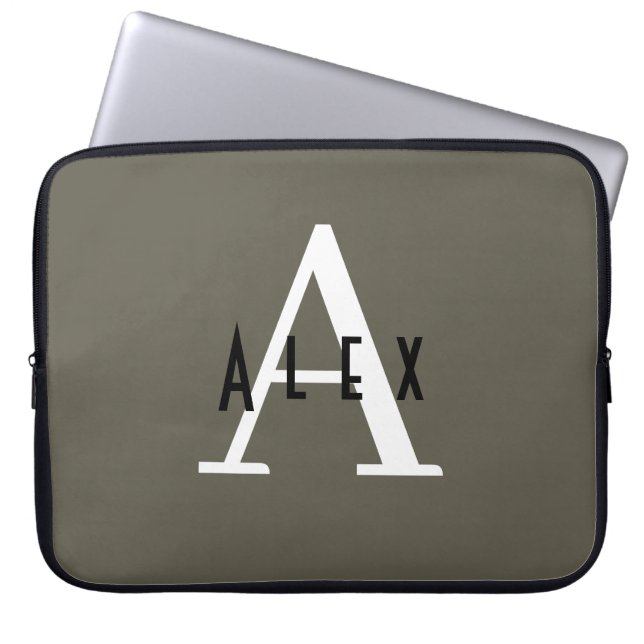 Modern Minimal Green Initial + Name Monogram Laptop Sleeve (Front)