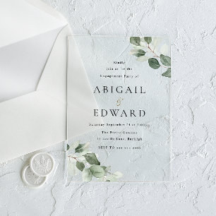 Modern Minimal Green Leaf Engagement Party Acrylic Invitations
