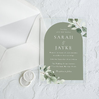Modern Minimal Green Leaf Sage Arch Wedding Acrylic Invitations