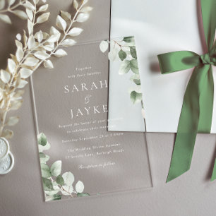 Modern Minimal Green Leaf White Wedding Acrylic Invitations