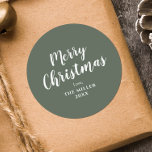 Modern Minimal Green Merry Christmas Family  Classic Round Sticker<br><div class="desc">Contact with me if you need help.</div>