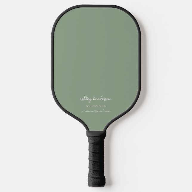 Modern Minimal Green Monogram Name + Contact Info Pickleball Paddle (Front)