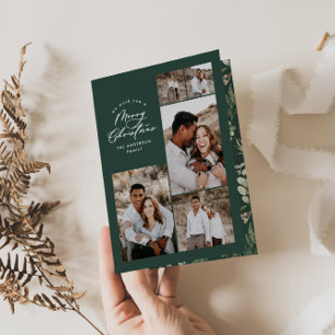 Modern minimal green multi photo Christmas elegant Thank You Card