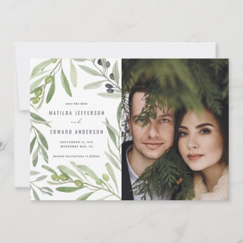 Modern minimal green olive branch foliage wedding announcement