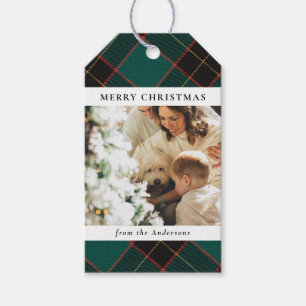 Modern Minimal Green Plaid Christmas Family Photo Gift Tags