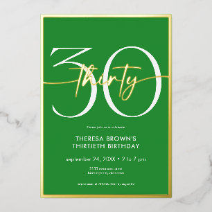 Modern Minimal Green Thirty Script Birthday Foil Invitation