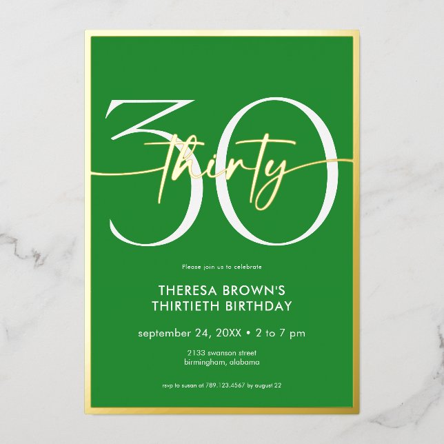 Modern Minimal Green Thirty Script Birthday Foil Invitation (Front)