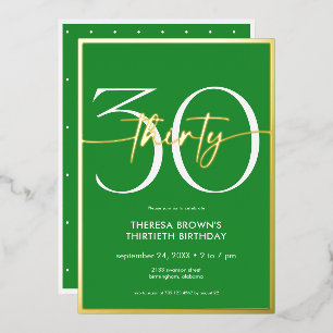 Modern Minimal Green Thirty Script Birthday Foil Invitation