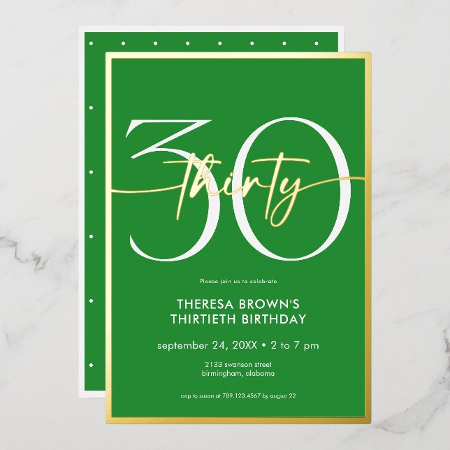 Modern Minimal Green Thirty Script Birthday Foil Invitation (Front/Back)