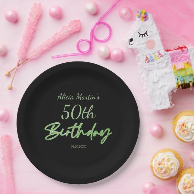 Modern & Minimal Green Typography Black Birthday Paper Plates (Party)