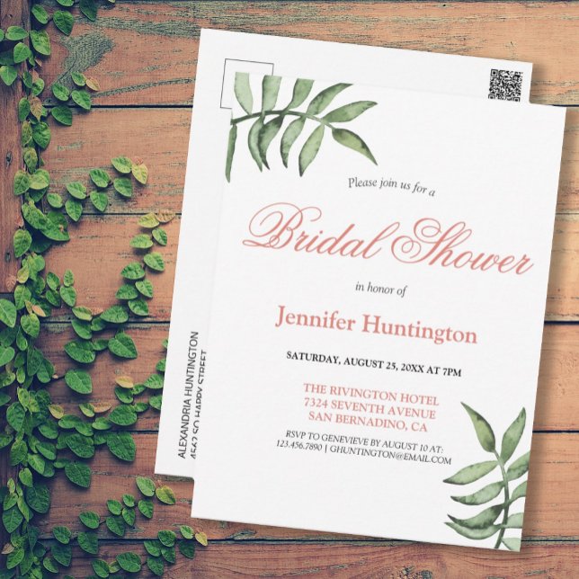 Modern Minimal Greenery Bridal Shower Invitation Postcard (MODERN MINIMAL GREENERY BRIDAL SHOWER INVITATION
)
