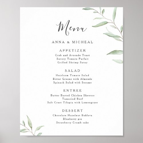 Modern minimal greenery rustic wedding menu poster