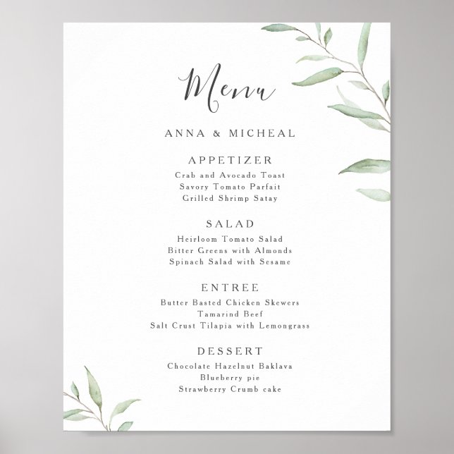 Modern minimal greenery rustic wedding menu poster (Front)