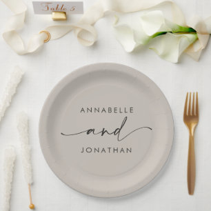 Modern minimal grey script contemporary wedding paper plates