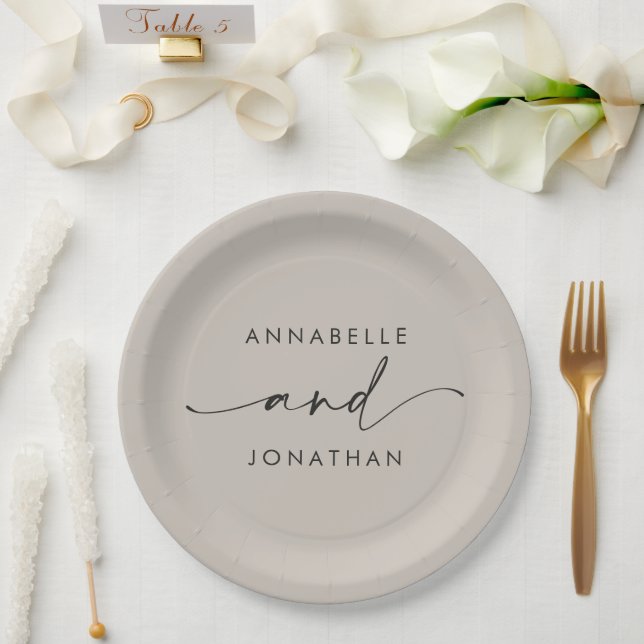 Modern minimal grey script contemporary wedding paper plates (Wedding)