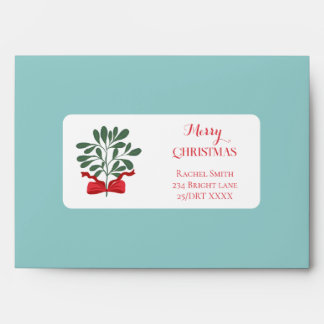 Modern minimal hand drawn leaves red bow christmas envelope