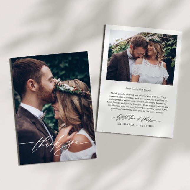 Modern Minimal Handwritten Script 2-Photo Wedding Thank You Card (Creator Uploaded)