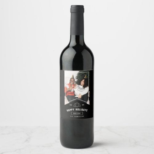 Modern Minimal Happy Holidays Photo Black Ribbon Wine Label