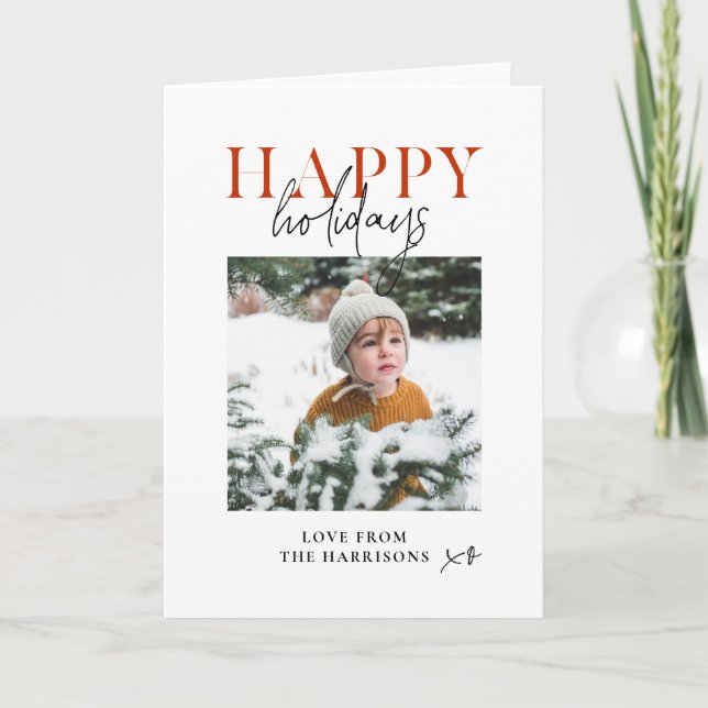 Modern Minimal Happy Holidays Script Kids Photo Holiday Card (Front)