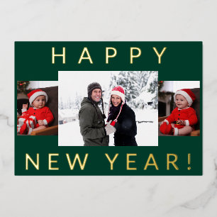 Modern Minimal Happy New Year Green and Real Gold Foil Holiday Card