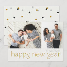 Modern Minimal Happy New Year Two Photo Holiday Ca